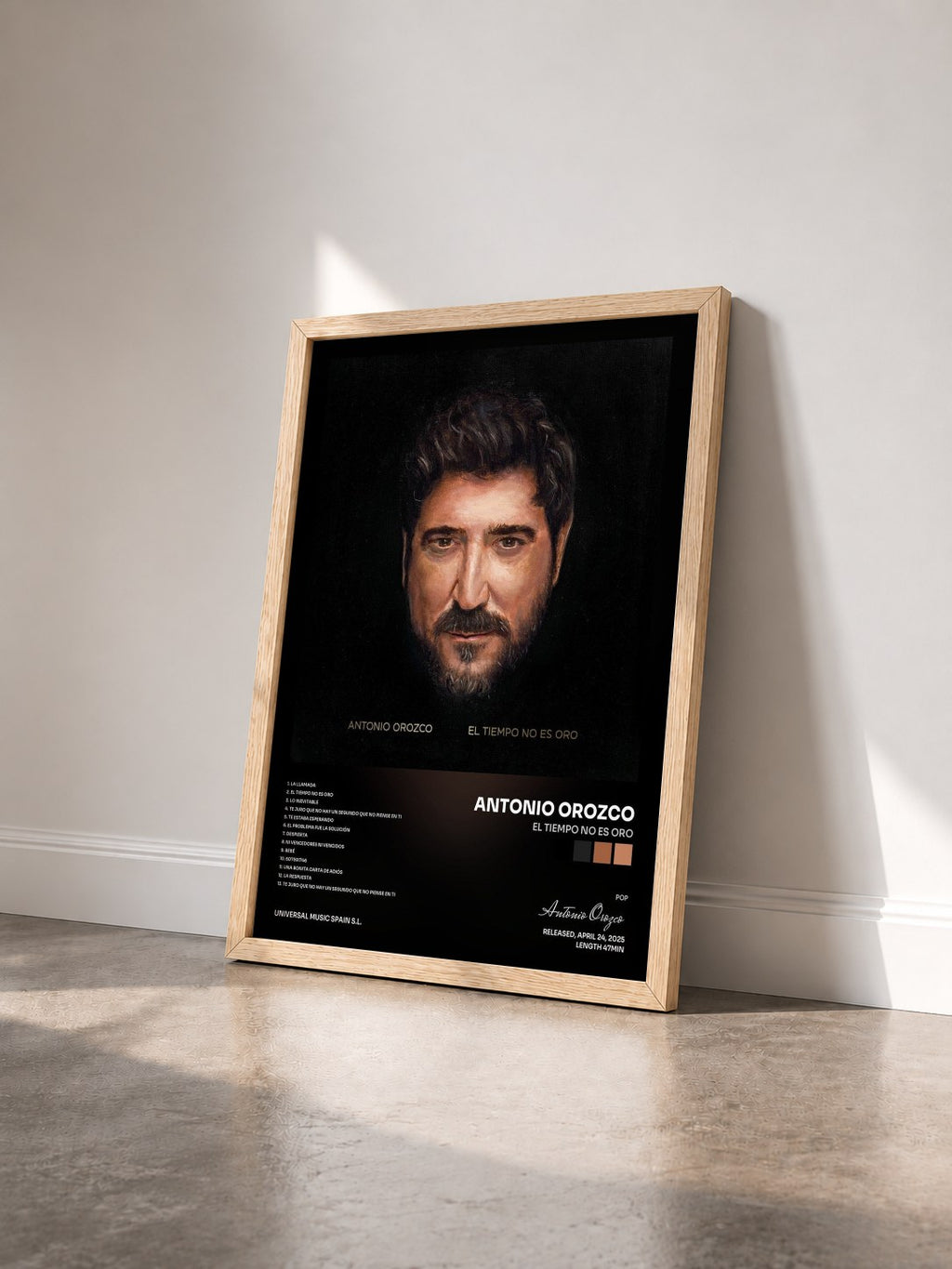 #bois Tableau de l'album El Tiempo No Es Oro de Antonio Orozco vu de trois quarts, cadre en bois brut