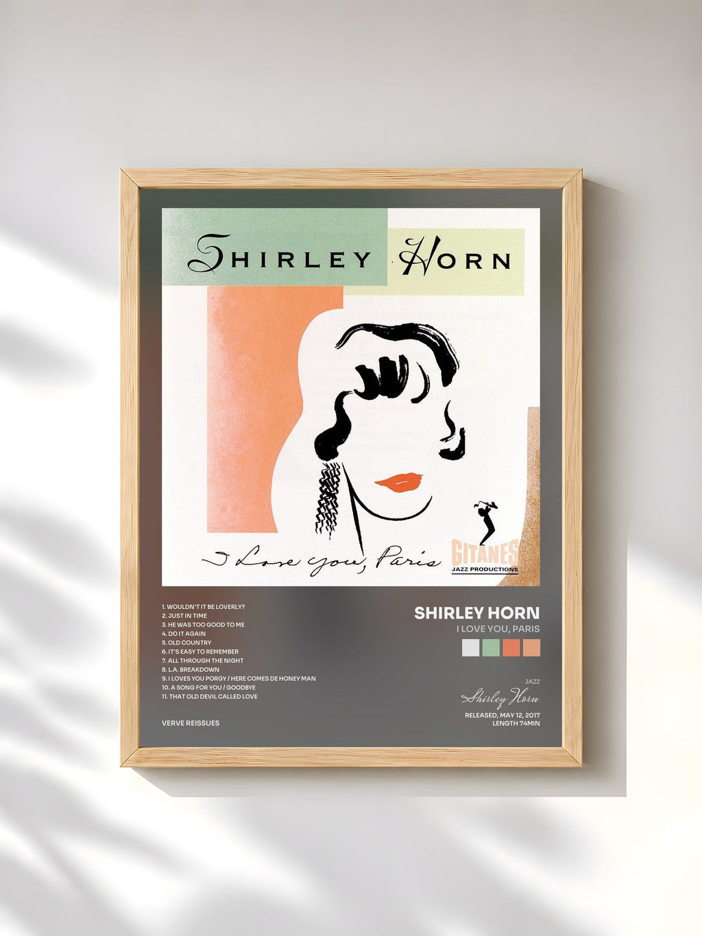 #bois Tableau de l'album I Love You, Paris de Shirley Horn, cadre en bois brut, imprimé et encadré en France