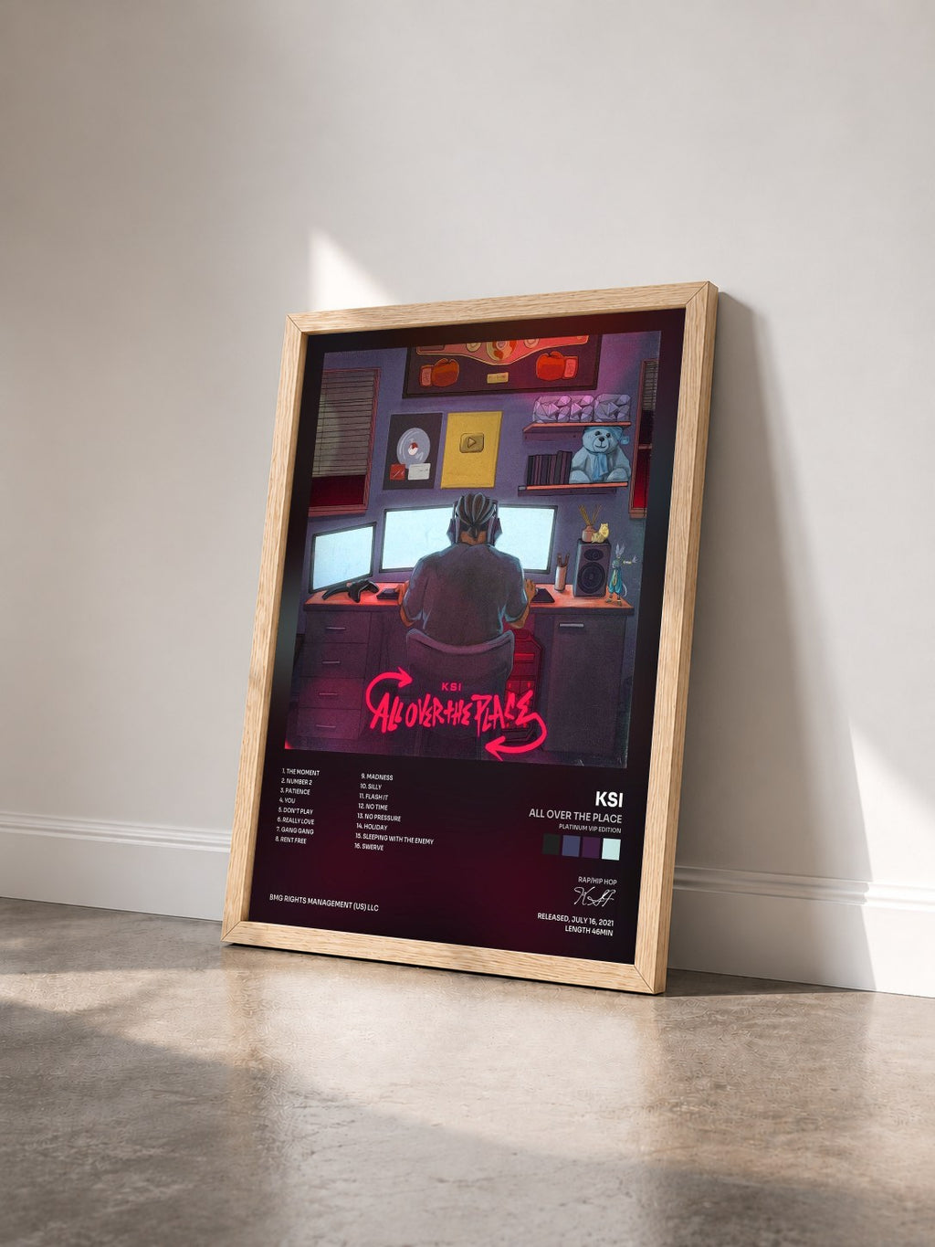 #bois Tableau de l'album All Over The Place (Platinum VIP Edition) de KSI vu de trois quarts, cadre en bois brut
