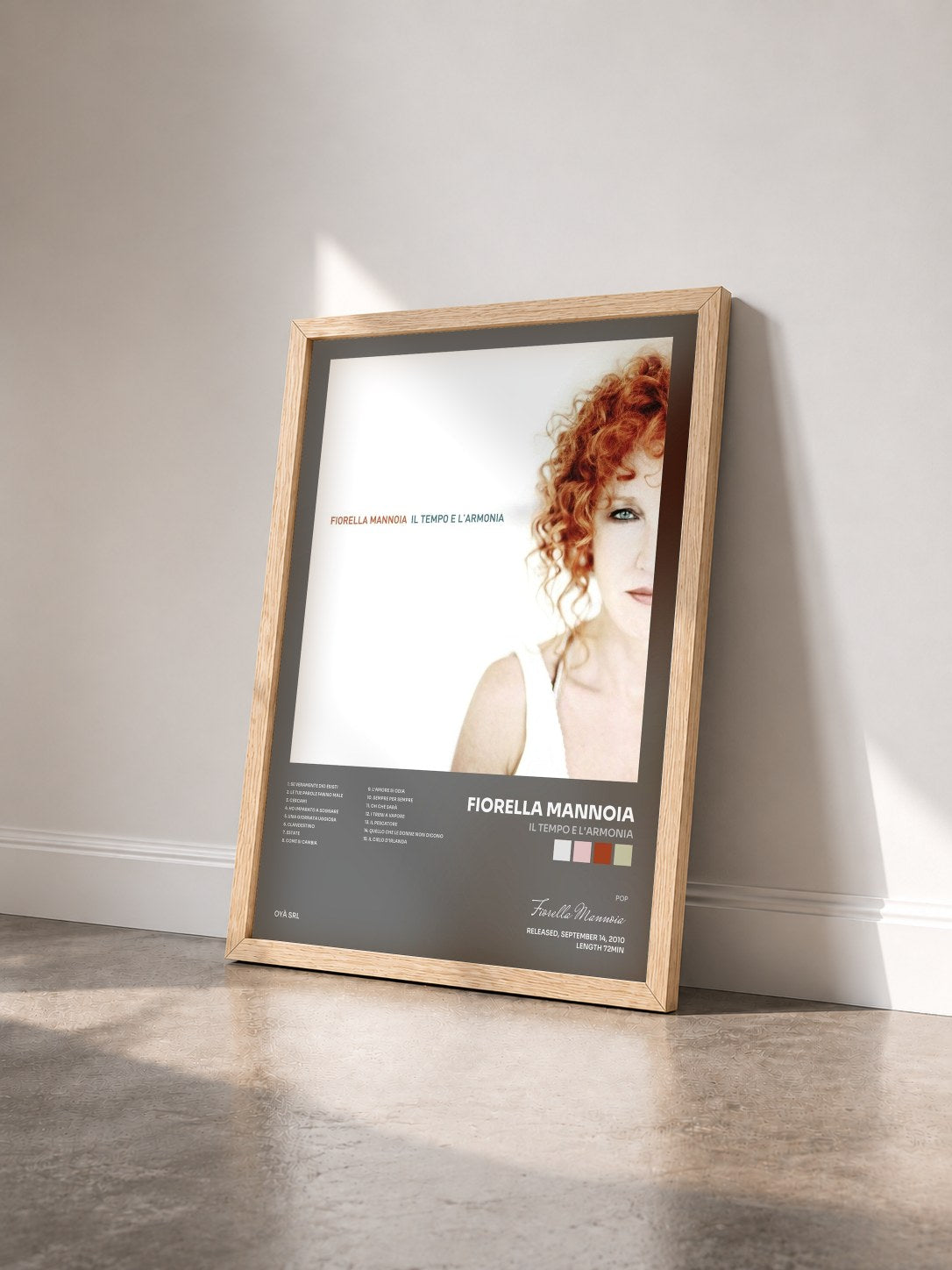 #bois Tableau de l'album Il Tempo E L'Armonia de Fiorella Mannoia vu de trois quarts, cadre en bois brut