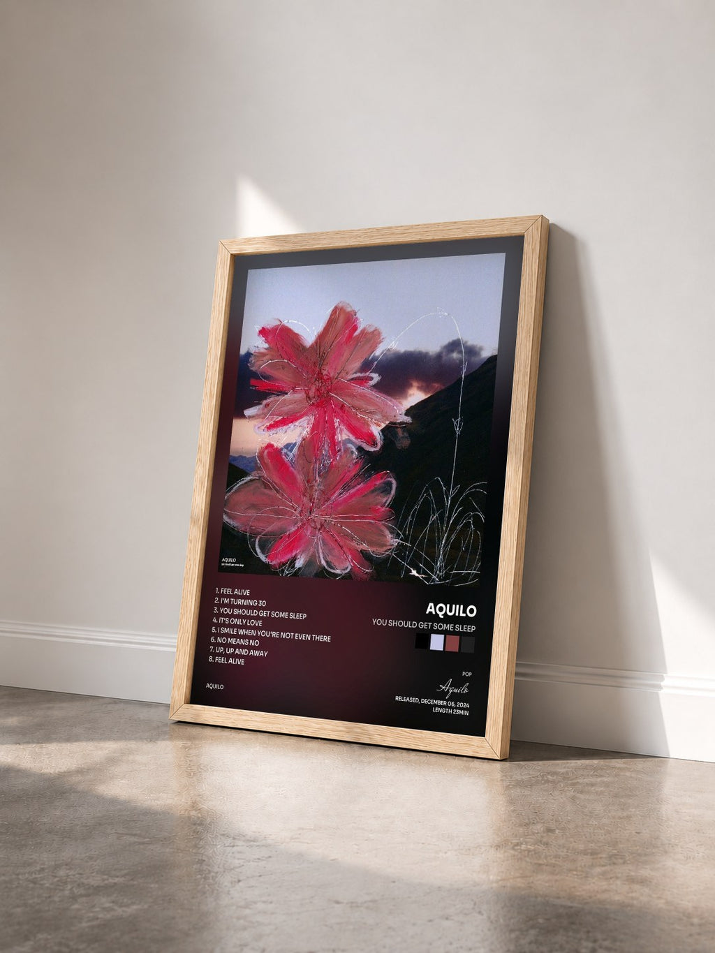 #bois Tableau de l'album You Should Get Some Sleep de Aquilo vu de trois quarts, cadre en bois brut