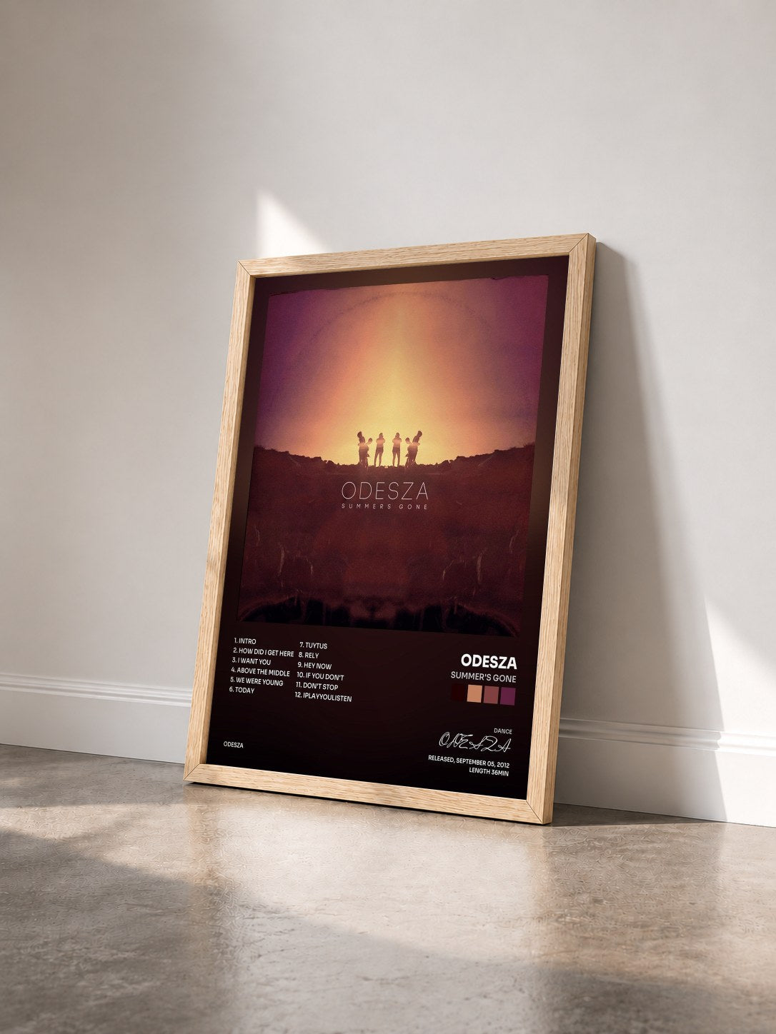 #bois Tableau de l'album Summer's Gone de ODESZA vu de trois quarts, cadre en bois brut