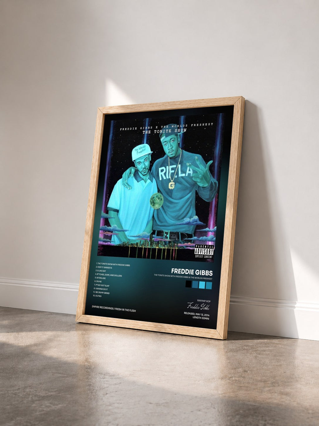 #bois Tableau de l'album The Tonite Show with Freddie Gibbs & The Worlds Freshest de Freddie Gibbs vu de trois quarts, cadre en bois brut
