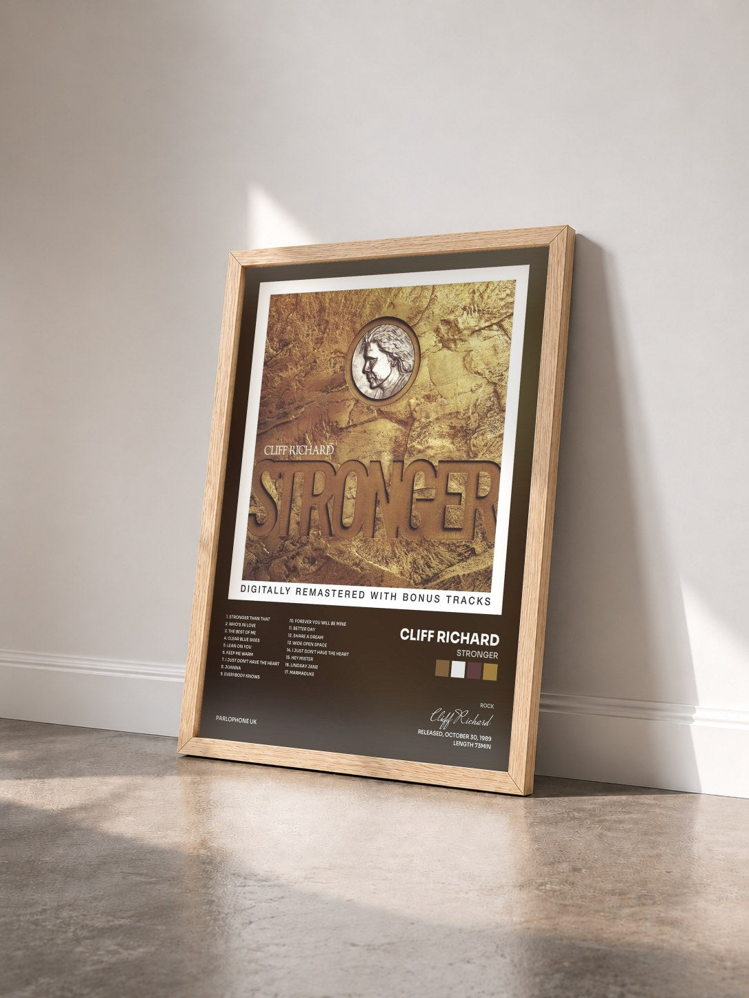 #bois Tableau de l'album Stronger de Cliff Richard vu de trois quarts, cadre en bois brut