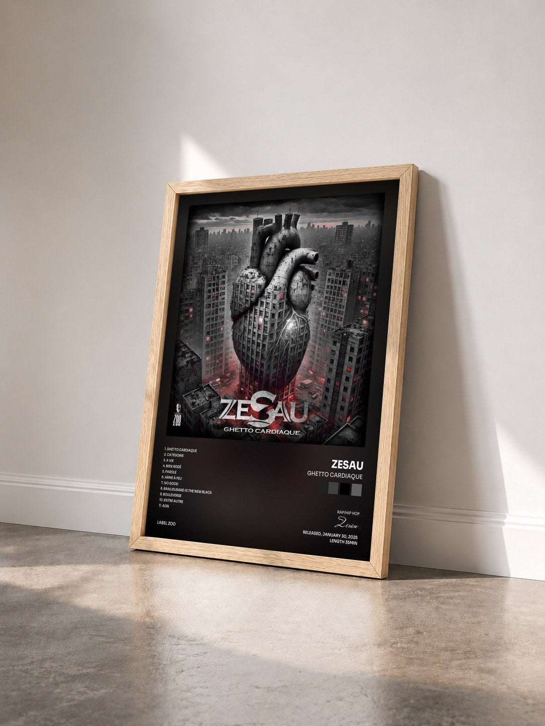#bois Tableau de l'album Ghetto cardiaque de Zesau vu de trois quarts, cadre en bois brut