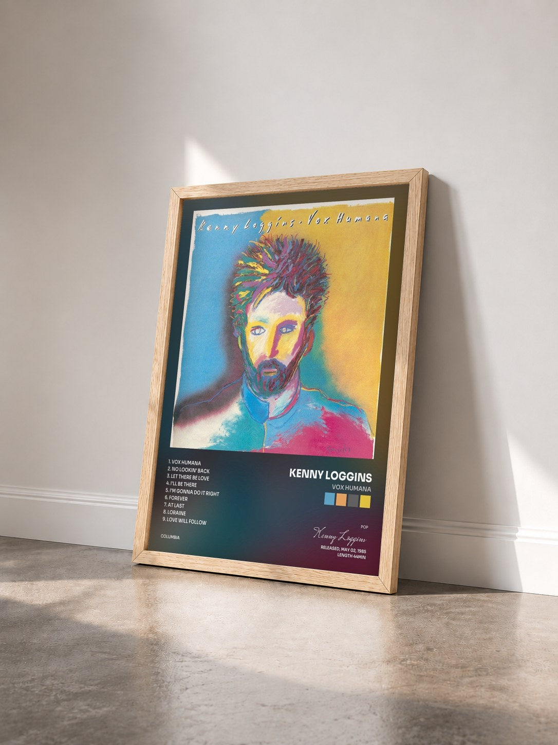 #bois Tableau de l'album Vox Humana de Kenny Loggins vu de trois quarts, cadre en bois brut