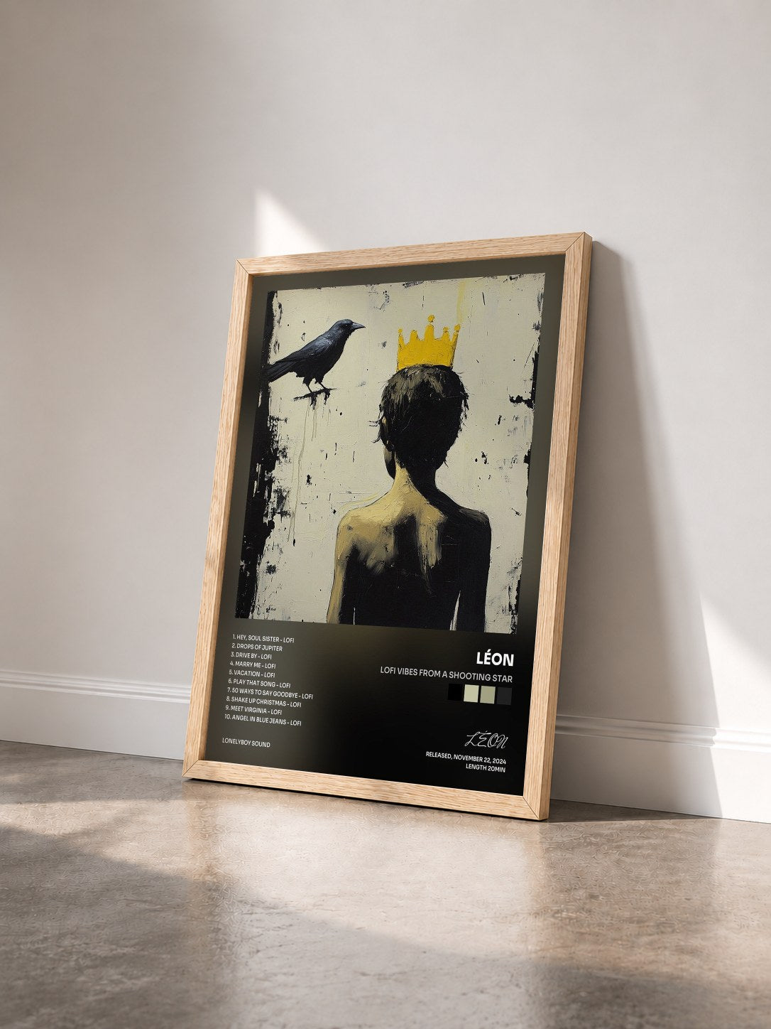 #bois Tableau de l'album lofi vibes from a shooting star de LÉON vu de trois quarts, cadre en bois brut