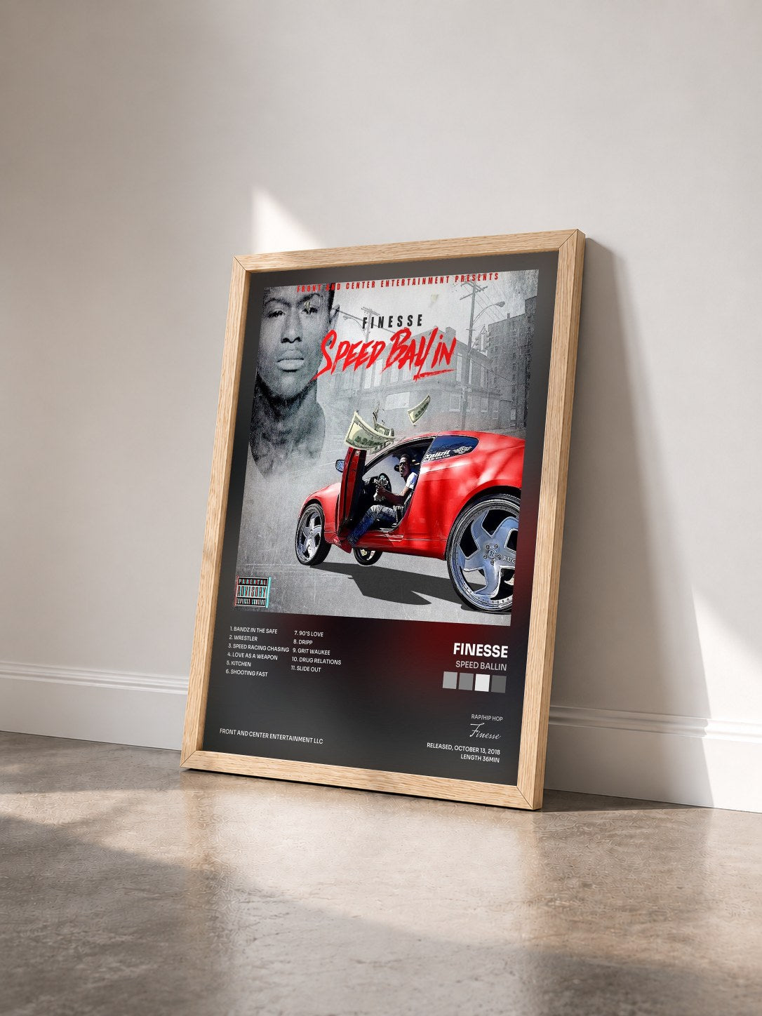 #bois Tableau de l'album Speed Ballin de Finesse vu de trois quarts, cadre en bois brut