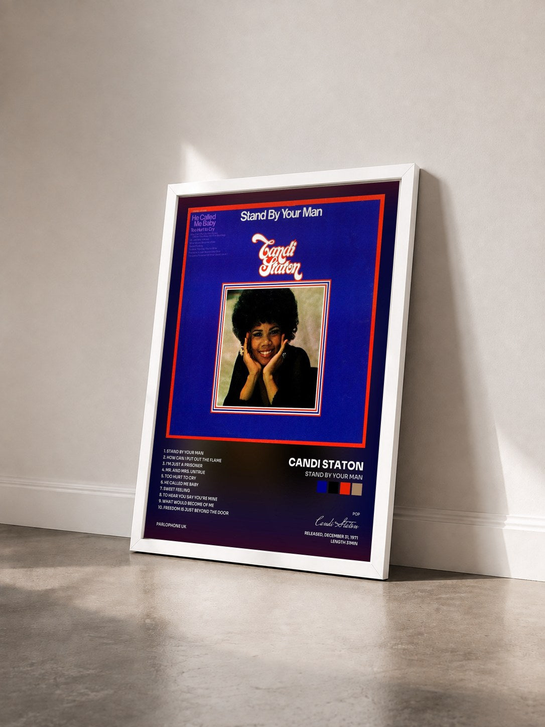 #blanc Tableau de l'album Stand By Your Man de Candi Staton vu de trois quarts, cadre blanc