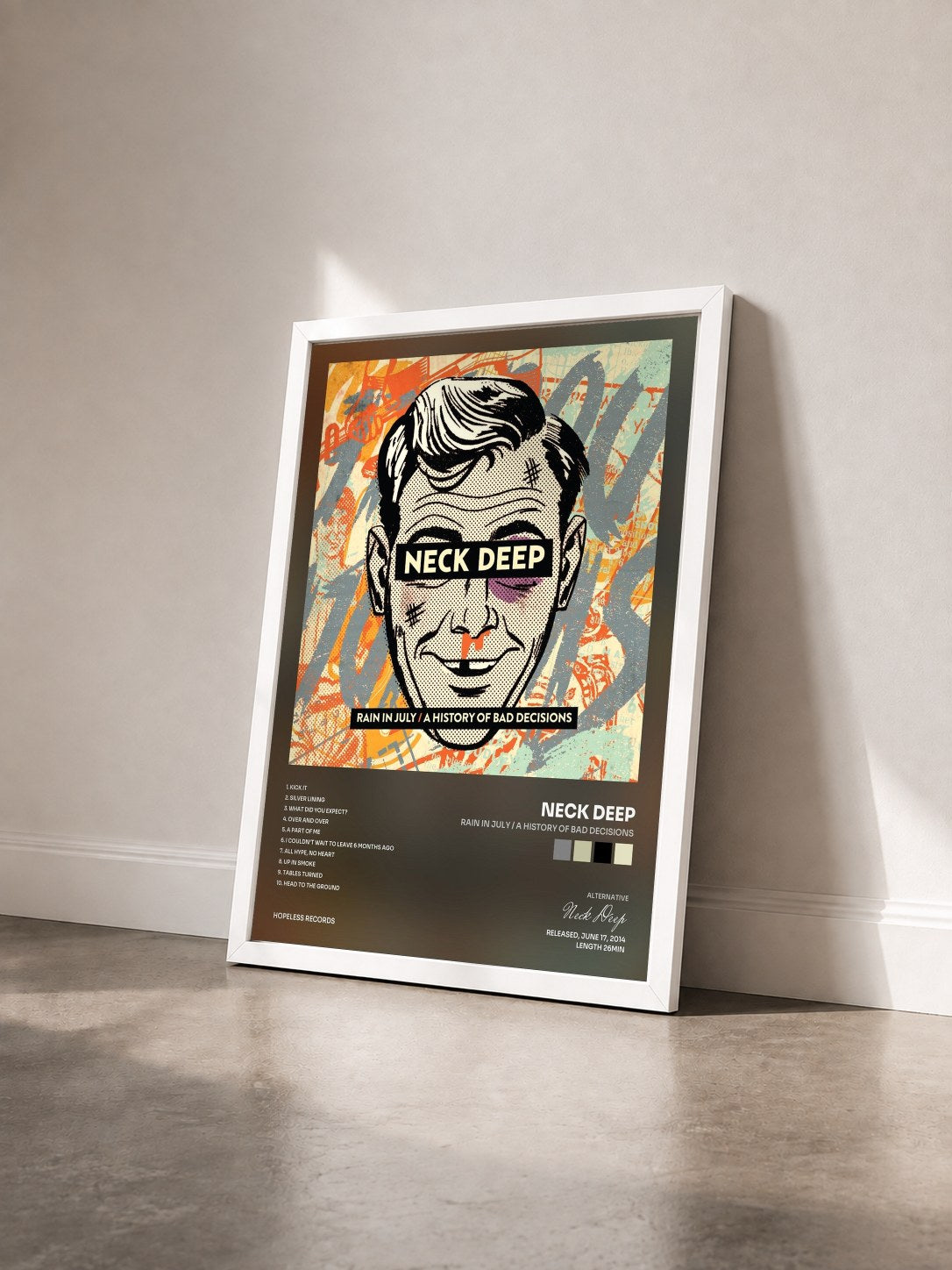 #blanc Tableau de l'album Rain In July / A History Of Bad Decisions de Neck Deep vu de trois quarts, cadre blanc