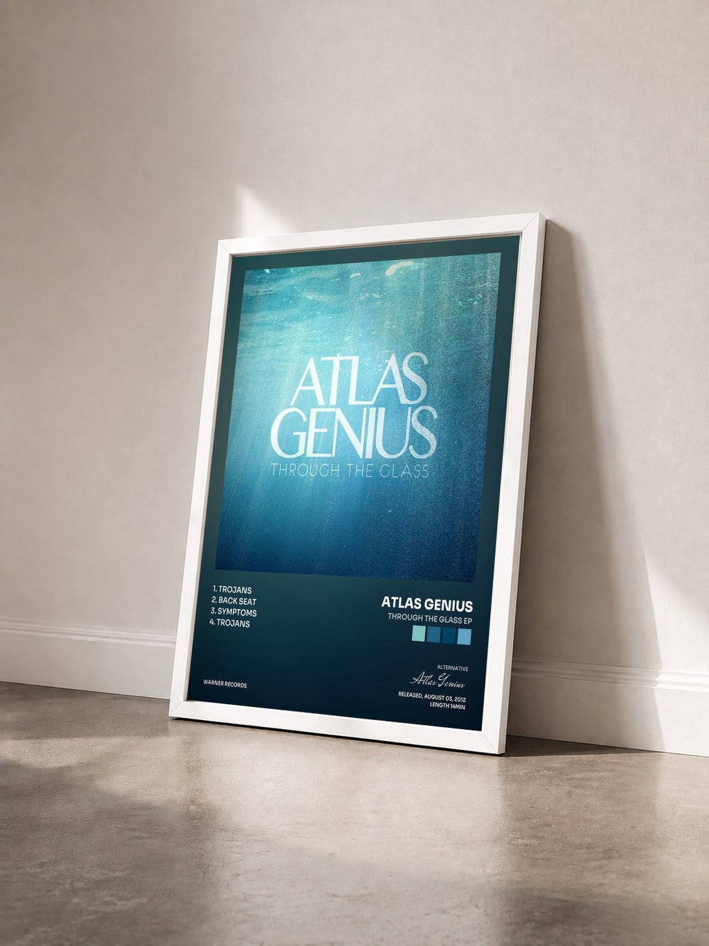 #blanc Tableau de l'album Through the Glass EP de Atlas Genius vu de trois quarts, cadre blanc