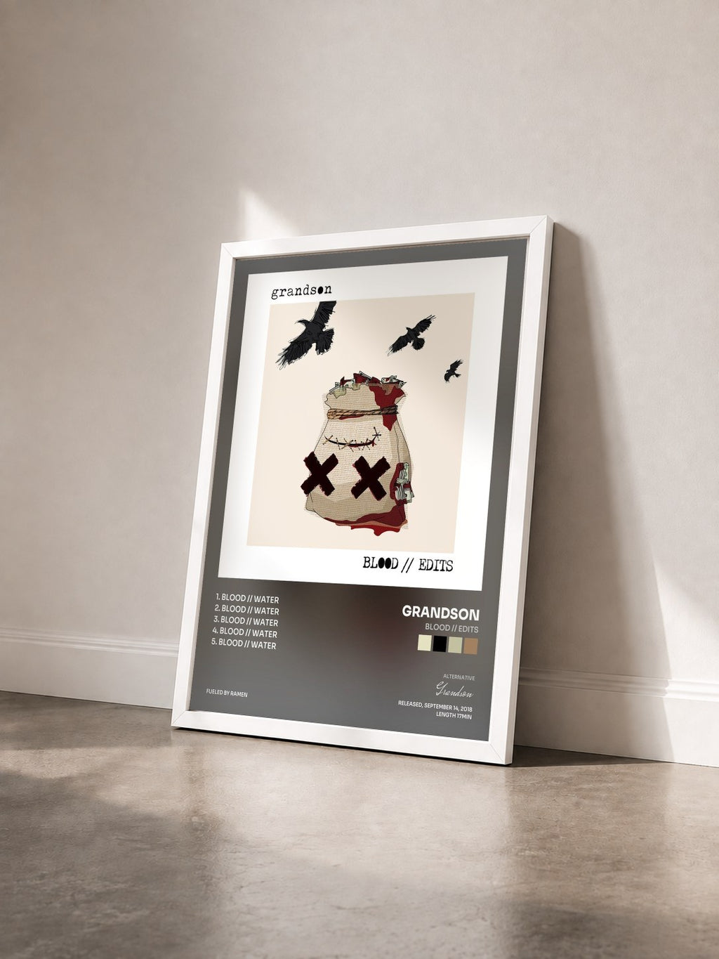 #blanc Tableau de l'album BLOOD // EDITS de Grandson vu de trois quarts, cadre blanc