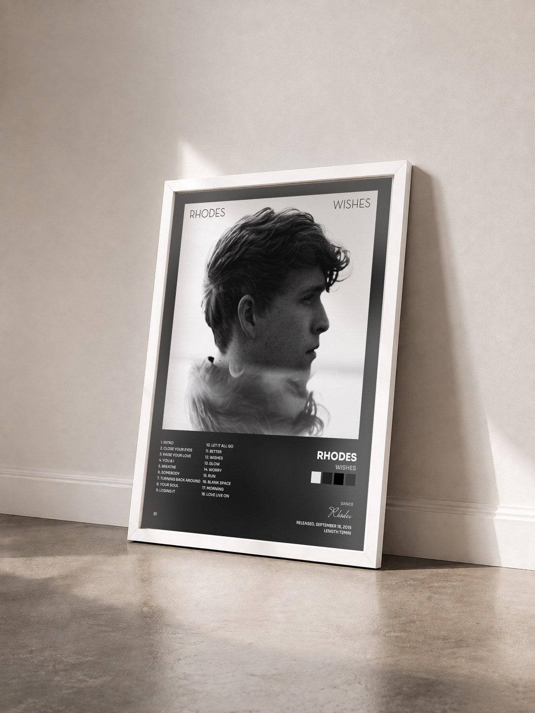 #blanc Tableau de l'album Wishes de Rhodes vu de trois quarts, cadre blanc