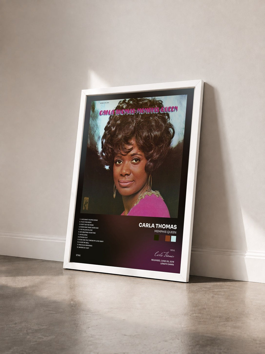 #blanc Tableau de l'album Memphis Queen de Carla Thomas vu de trois quarts, cadre blanc