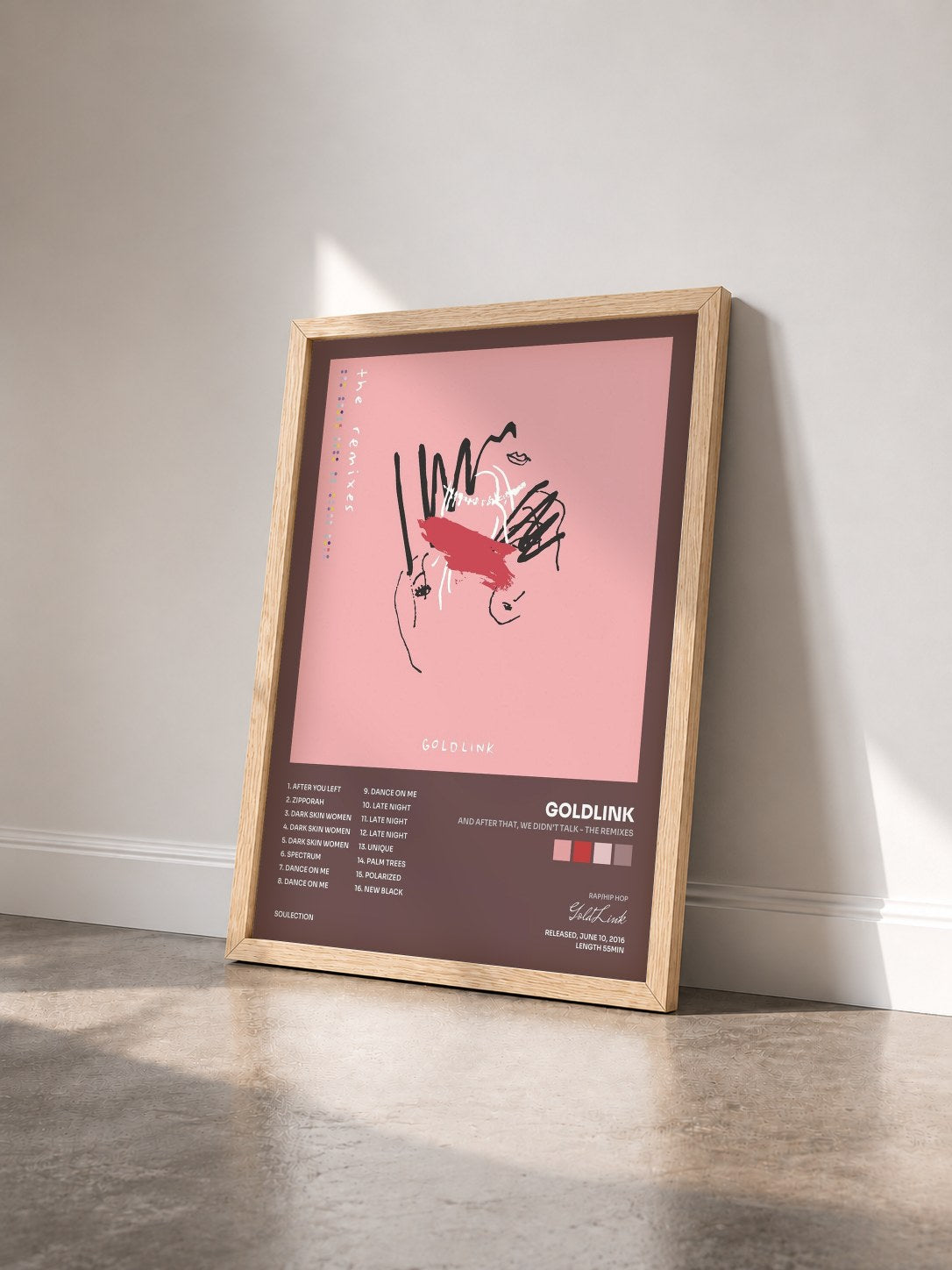 #bois Tableau de l'album And After That, We Didn't Talk - The Remixes de GoldLink vu de trois quarts, cadre en bois brut
