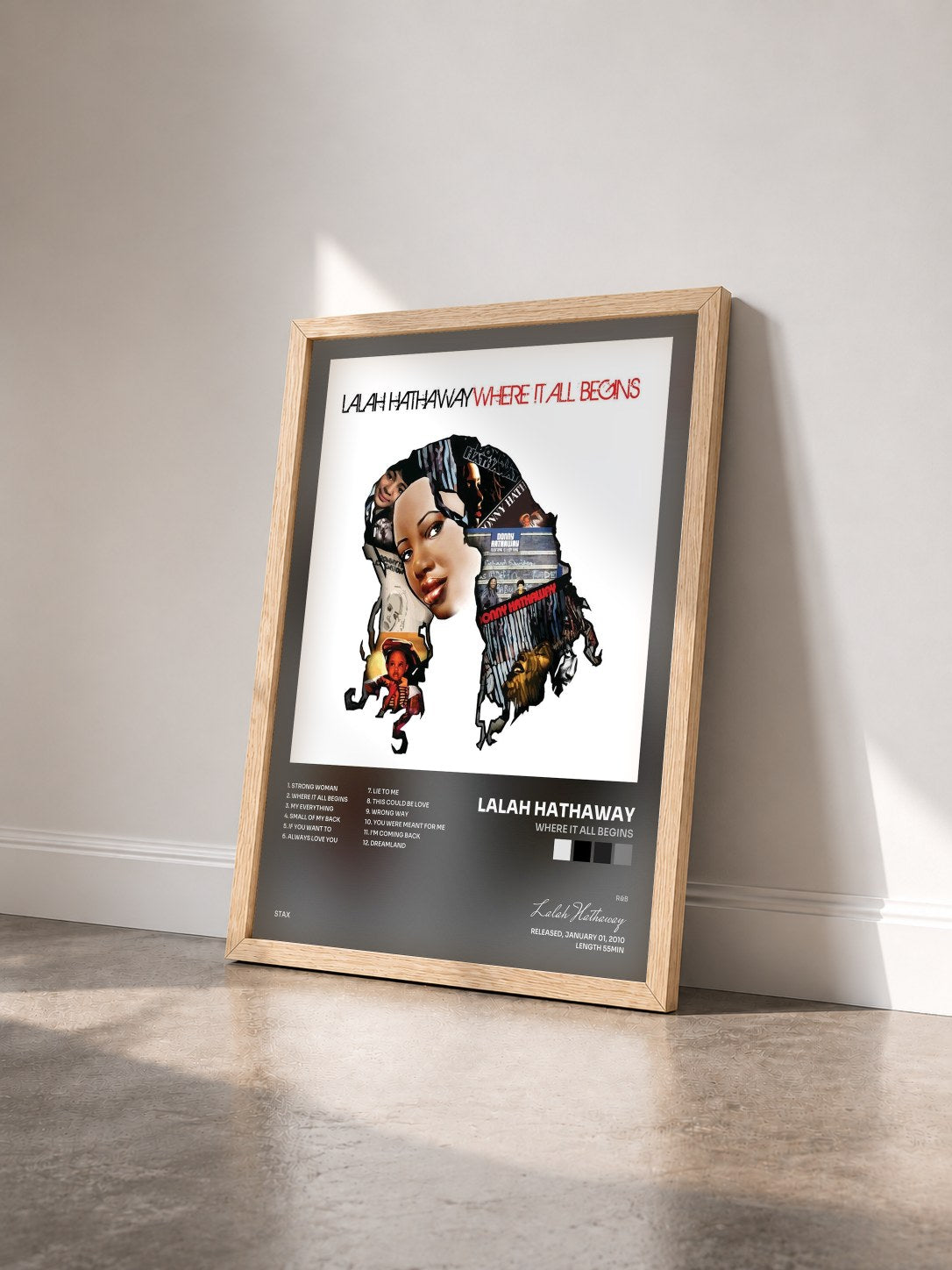 #bois Tableau de l'album Where It All Begins de Lalah Hathaway vu de trois quarts, cadre en bois brut