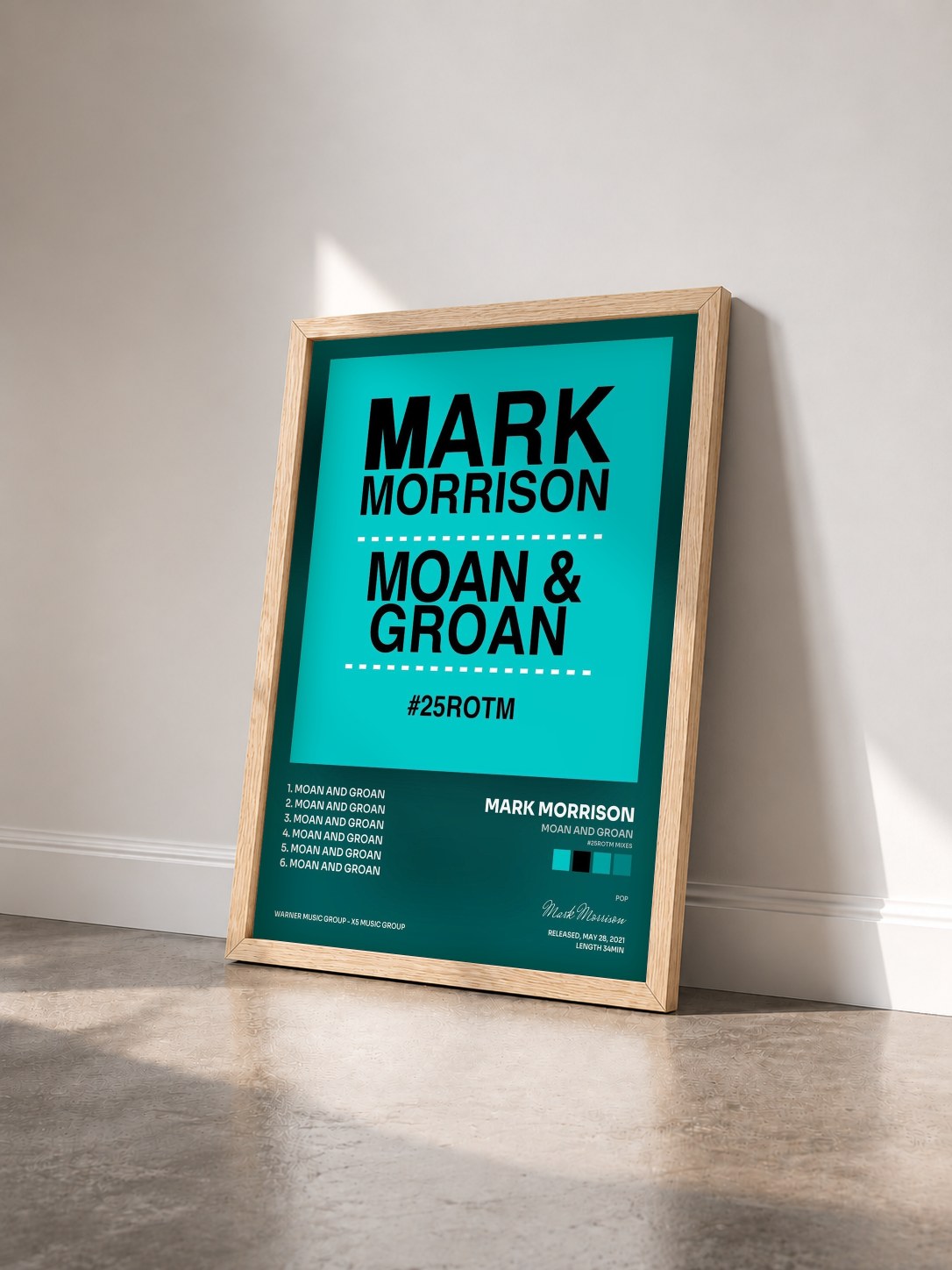 #bois Tableau de l'album Moan and Groan (#25ROTM Mixes) de Mark Morrison vu de trois quarts, cadre en bois brut