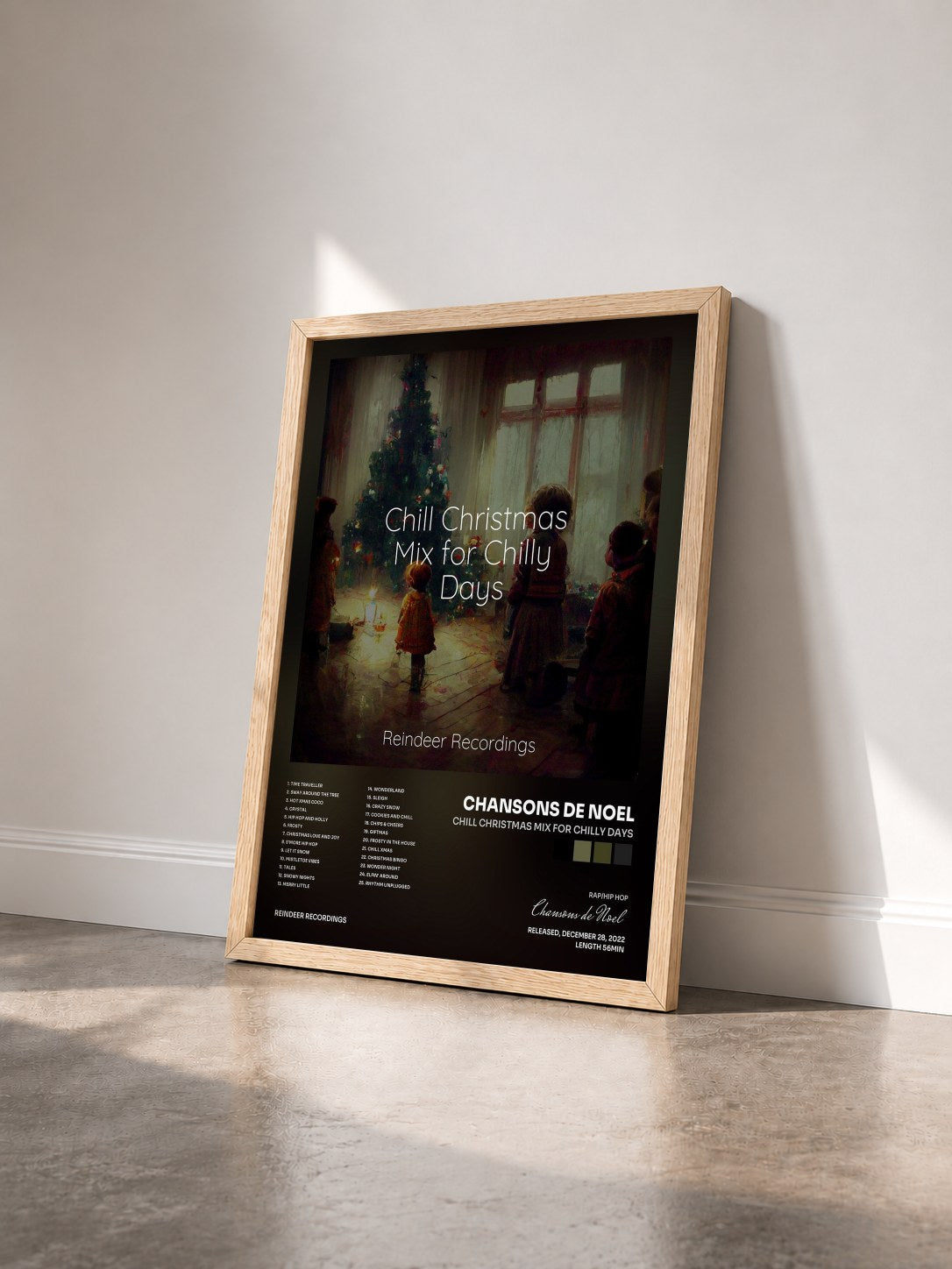 #bois Tableau de l'album Chill Christmas Mix for Chilly Days de Chansons de Noel vu de trois quarts, cadre en bois brut