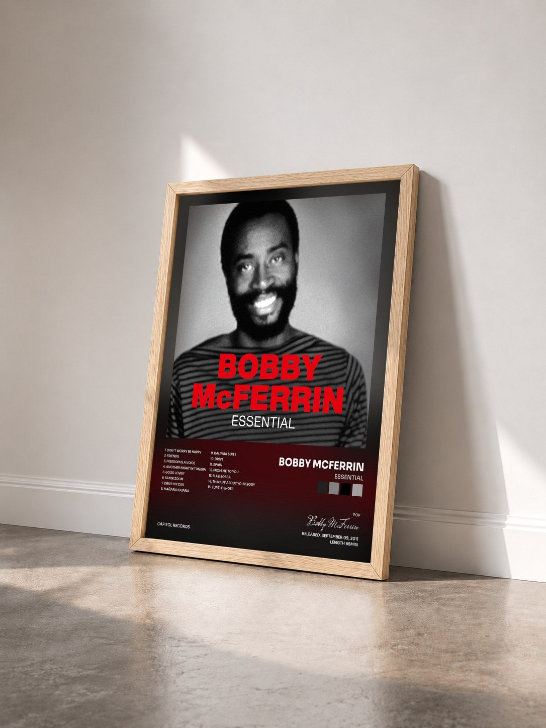 #bois Tableau de l'album Essential de Bobby McFerrin vu de trois quarts, cadre en bois brut