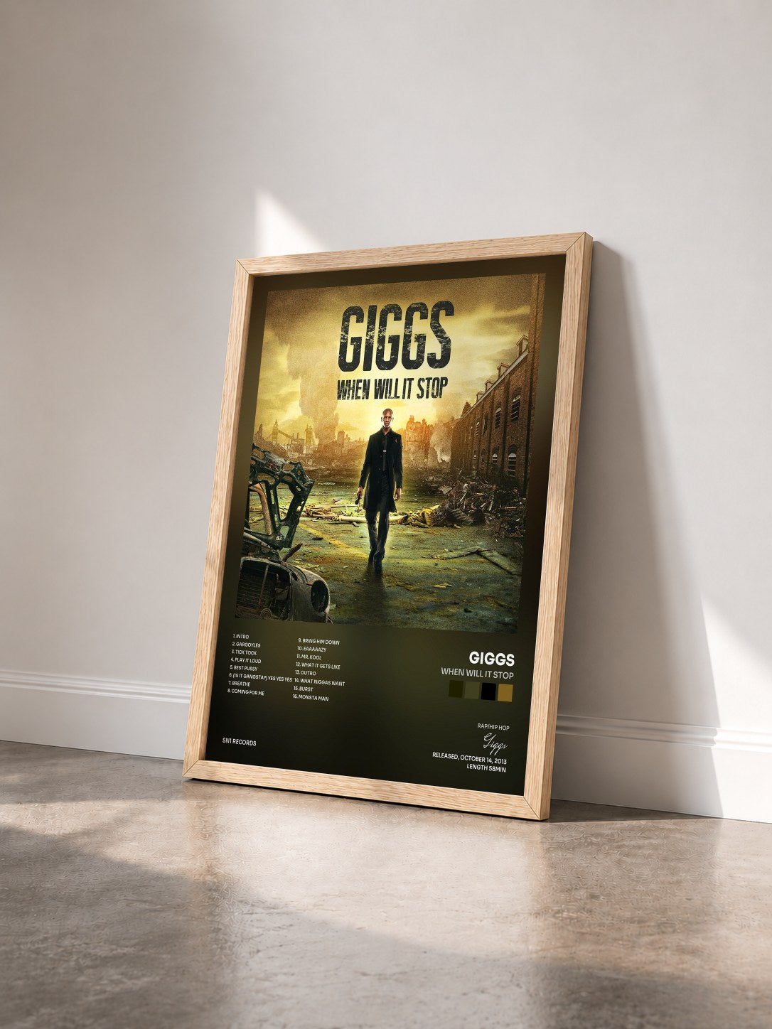 #bois Tableau de l'album When Will It Stop de Giggs vu de trois quarts, cadre en bois brut