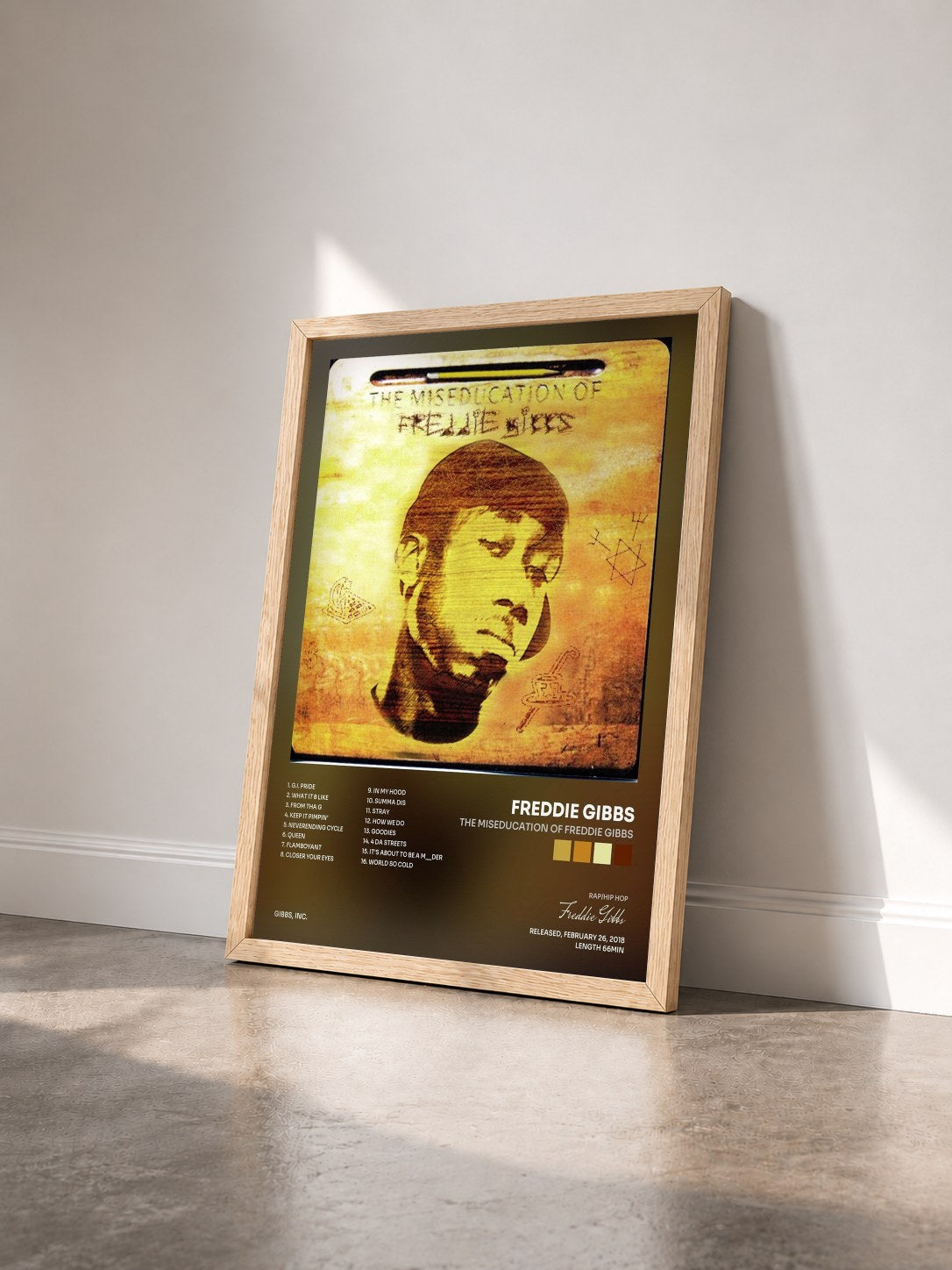 #bois Tableau de l'album The Miseducation of Freddie Gibbs de Freddie Gibbs vu de trois quarts, cadre en bois brut