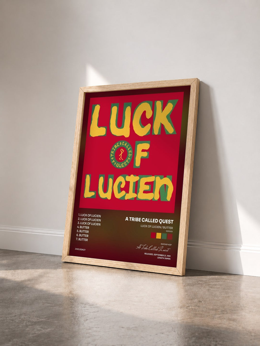 #bois Tableau de l'album Luck of Lucien / Butter (Remixes) de A Tribe Called Quest vu de trois quarts, cadre en bois brut