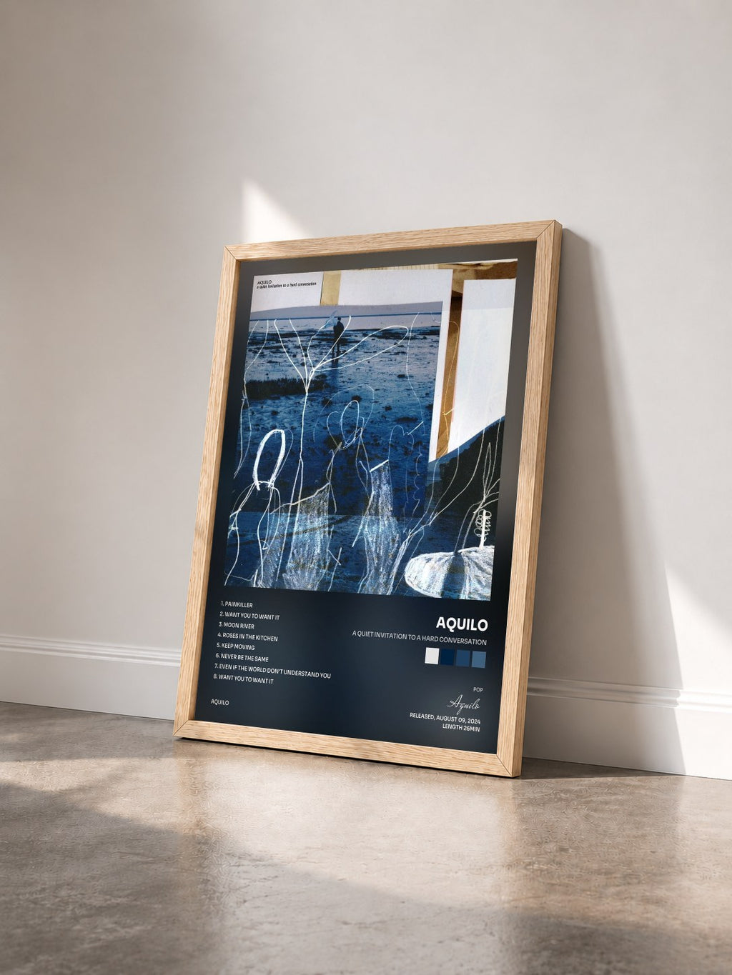 #bois Tableau de l'album A Quiet Invitation To A Hard Conversation de Aquilo vu de trois quarts, cadre en bois brut
