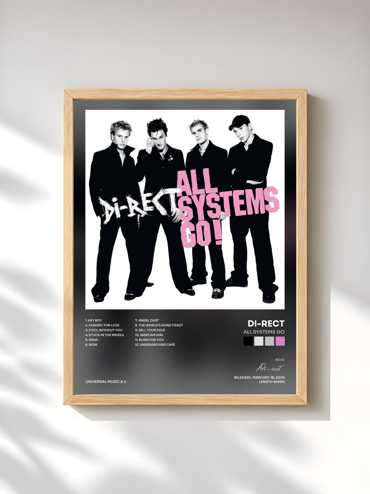 #bois Tableau de l'album All Systems Go de Di-rect, cadre en bois brut, imprimé et encadré en France