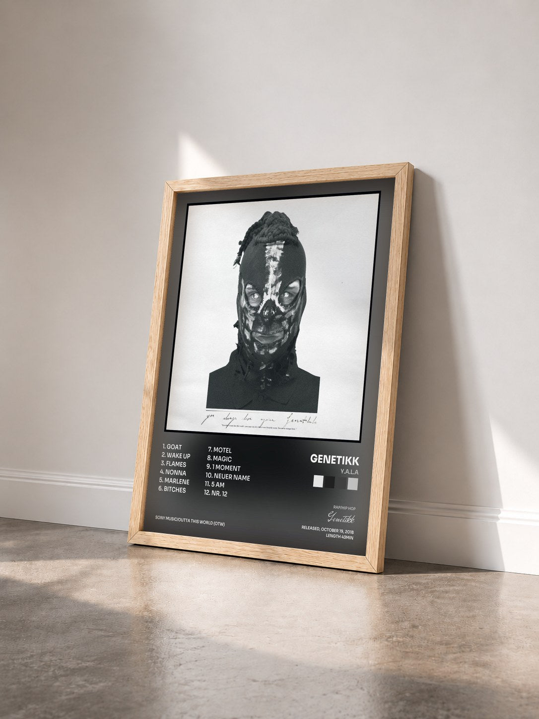 #bois Tableau de l'album Y.A.L.A de Genetikk vu de trois quarts, cadre en bois brut