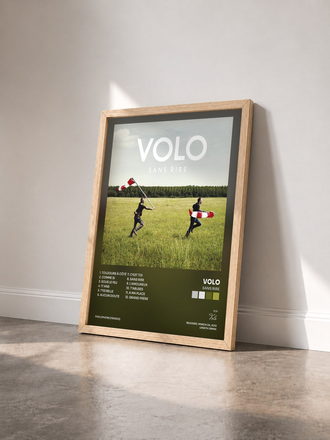 #bois Tableau de l'album Sans rire de Volo vu de trois quarts, cadre en bois brut