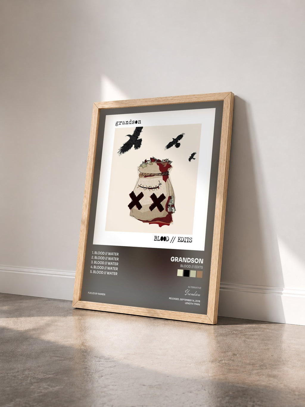 #bois Tableau de l'album BLOOD // EDITS de Grandson vu de trois quarts, cadre en bois brut