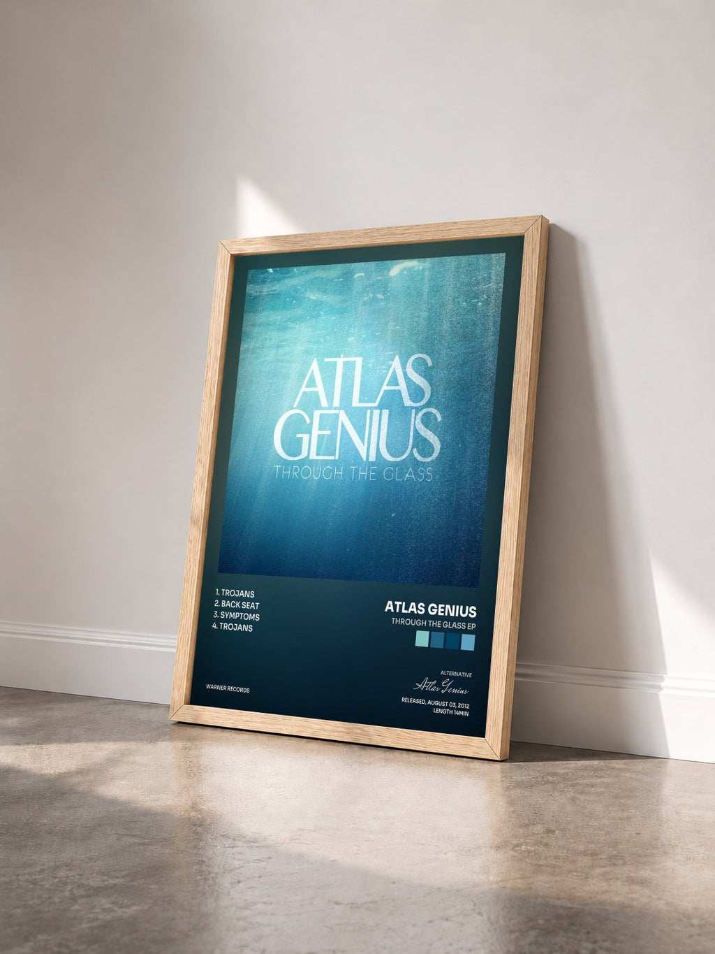 #bois Tableau de l'album Through the Glass EP de Atlas Genius vu de trois quarts, cadre en bois brut
