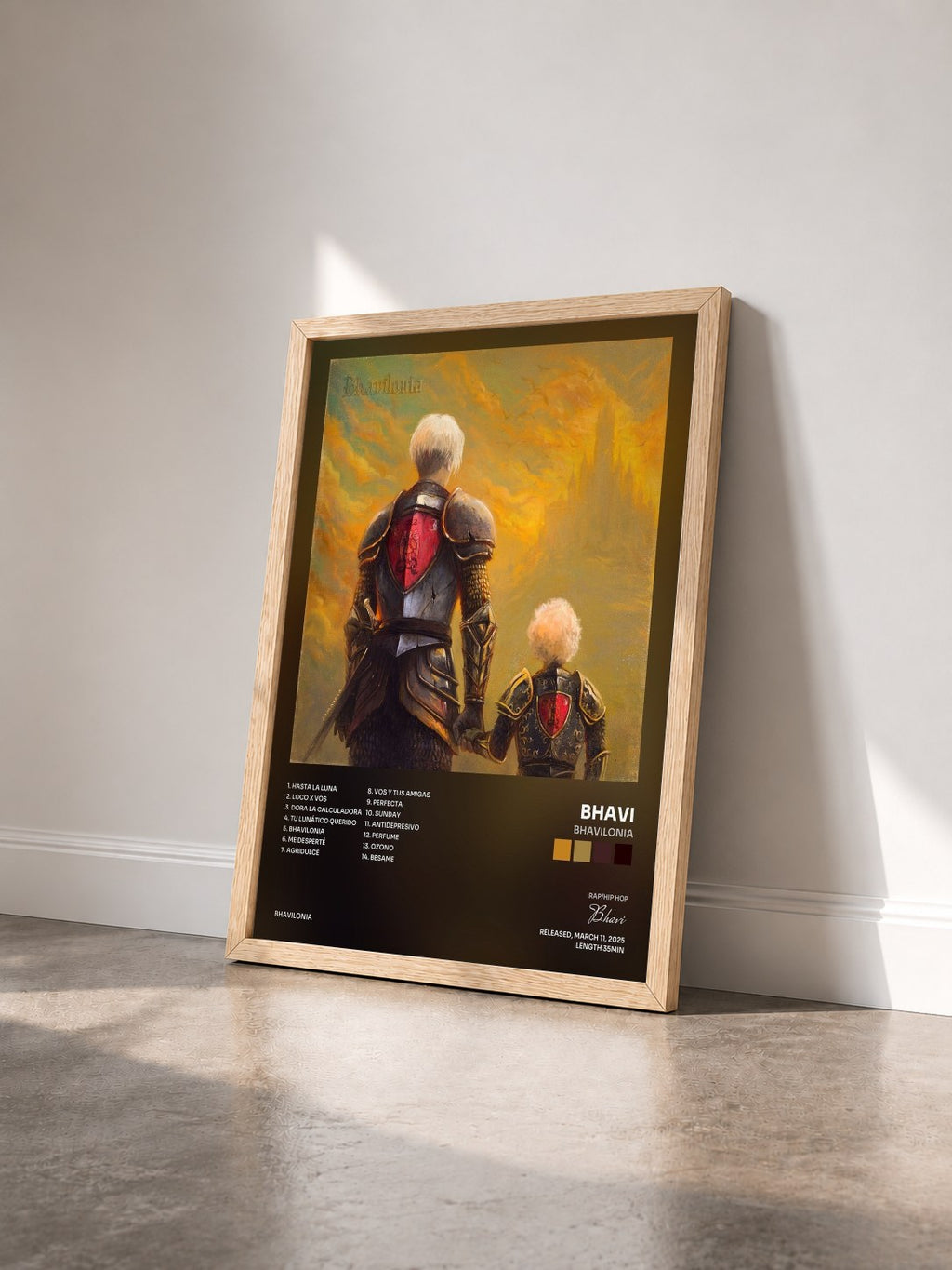 #bois Tableau de l'album BHAVILONIA de Bhavi vu de trois quarts, cadre en bois brut