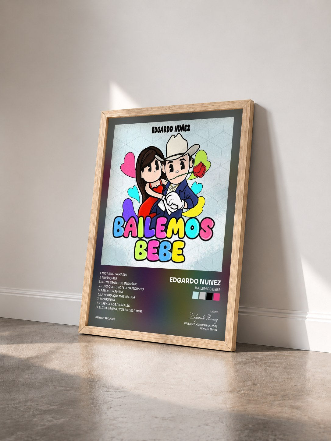 #bois Tableau de l'album Bailemos Bebe de Edgardo Nunez vu de trois quarts, cadre en bois brut