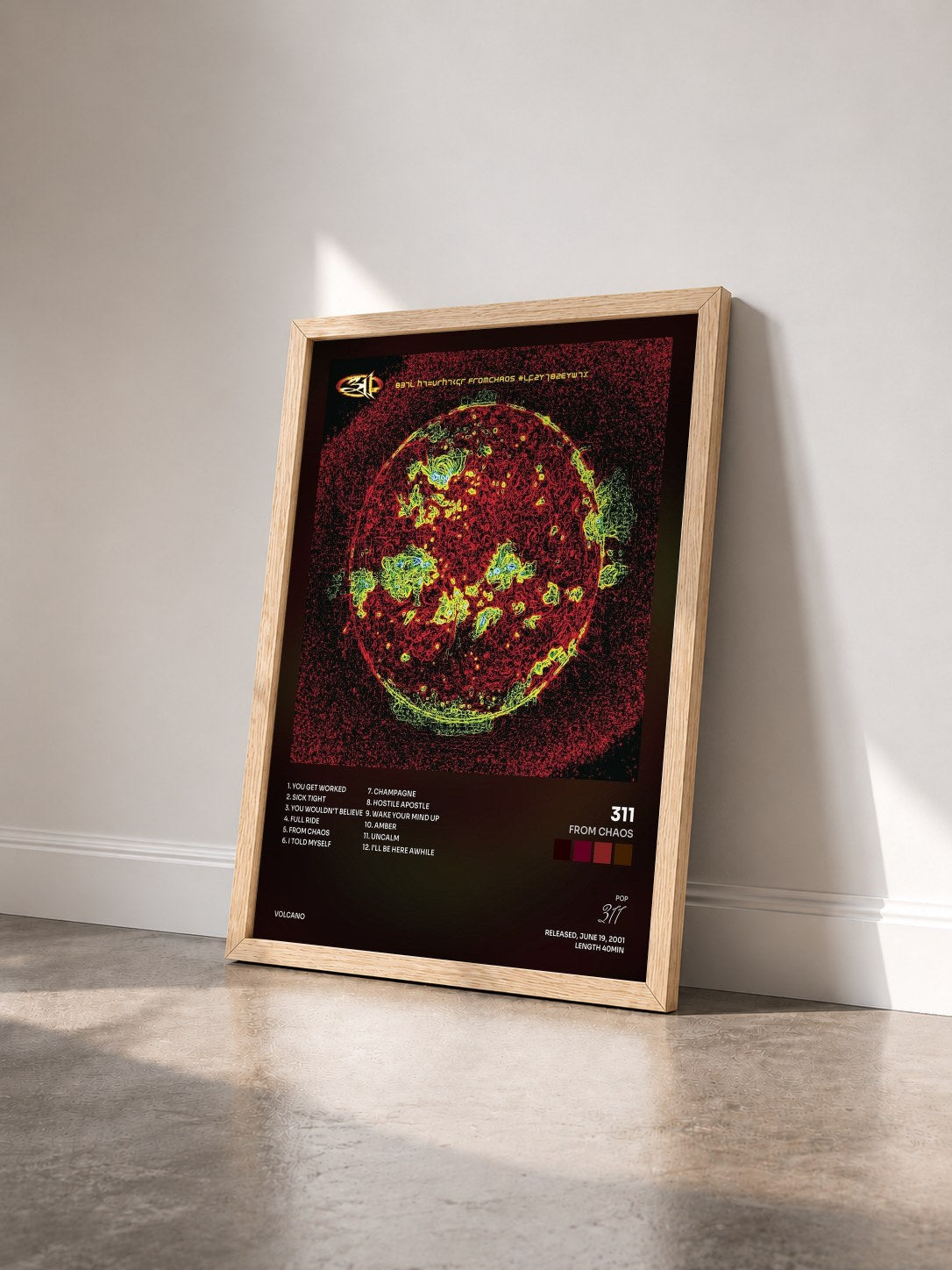 #bois Tableau de l'album From Chaos de 311 vu de trois quarts, cadre en bois brut