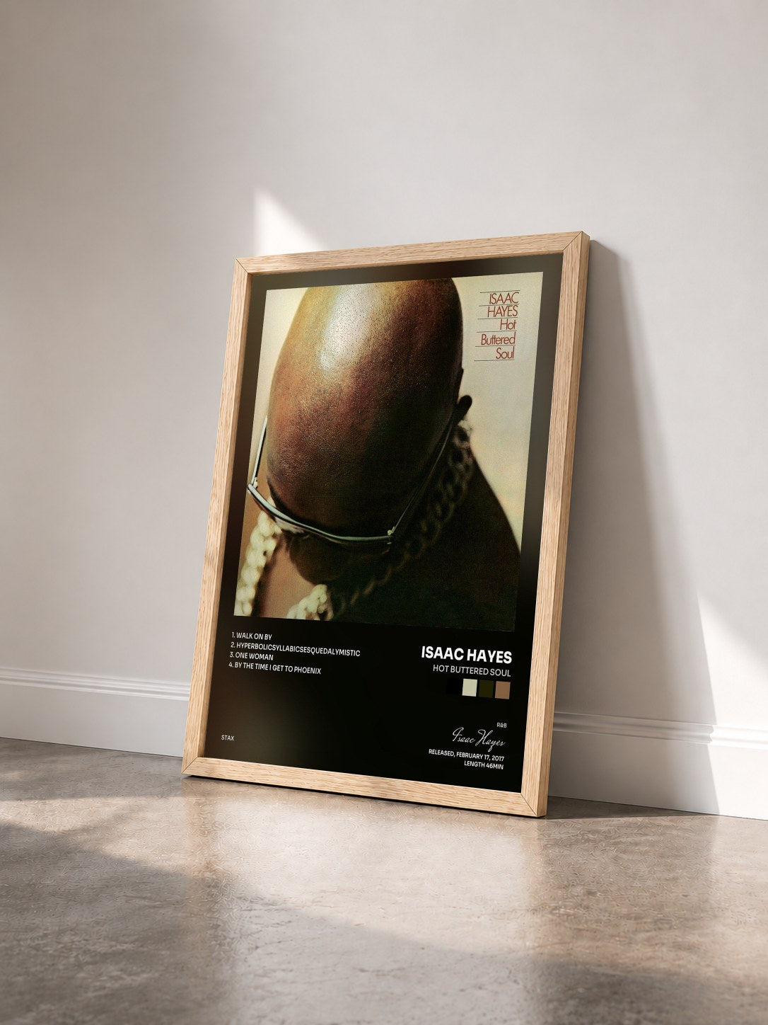 #bois Tableau de l'album Hot Buttered Soul de Isaac Hayes vu de trois quarts, cadre en bois brut