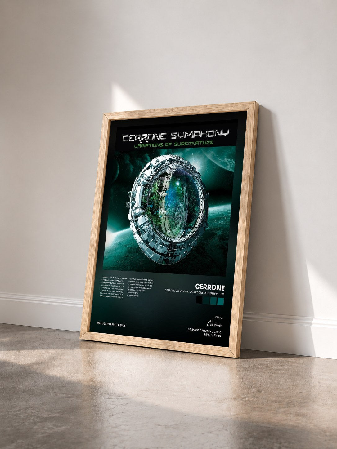 #bois Tableau de l'album Cerrone Symphony : Variations of Supernature de Cerrone vu de trois quarts, cadre en bois brut