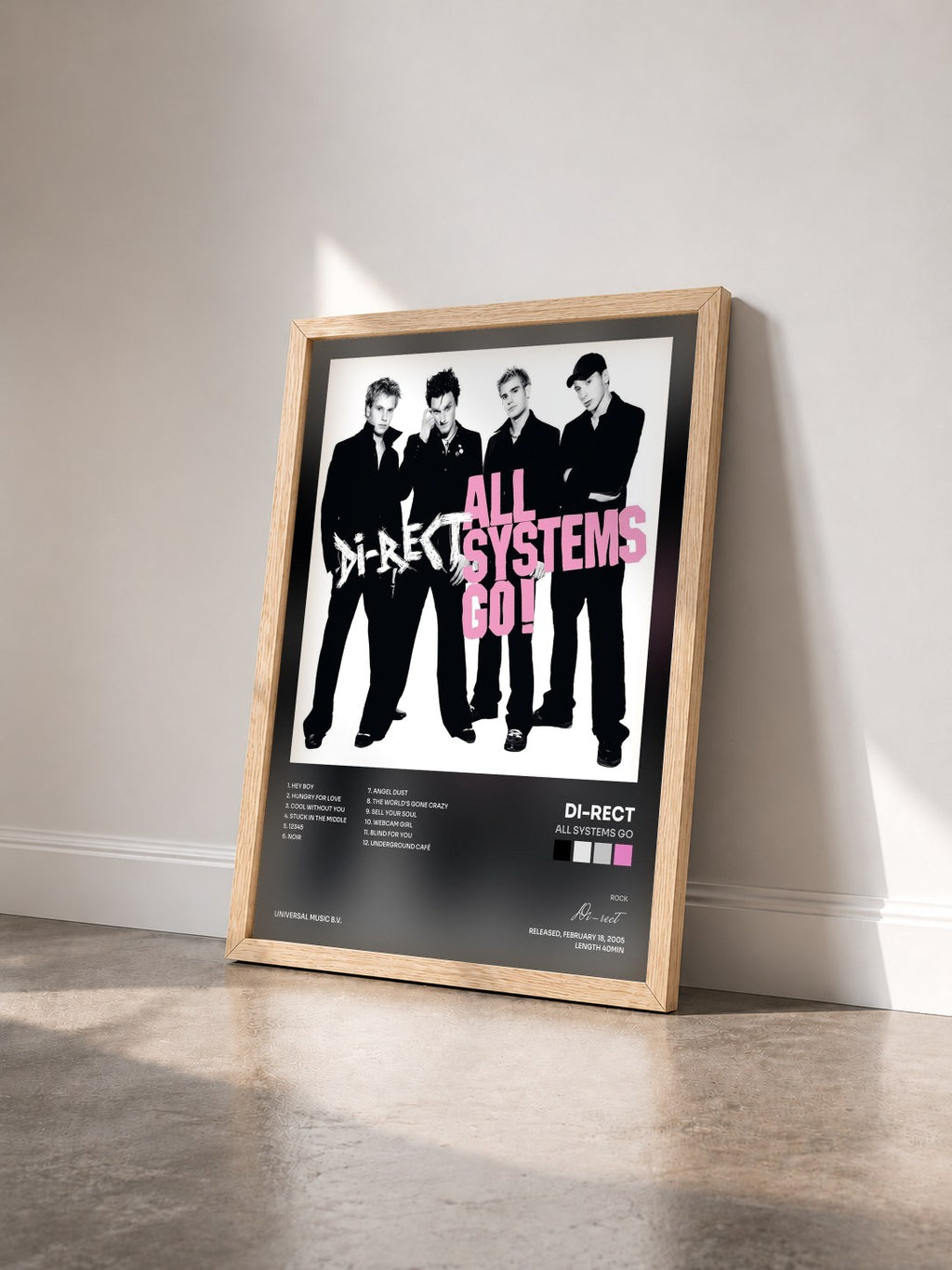 #bois Tableau de l'album All Systems Go de Di-rect vu de trois quarts, cadre en bois brut