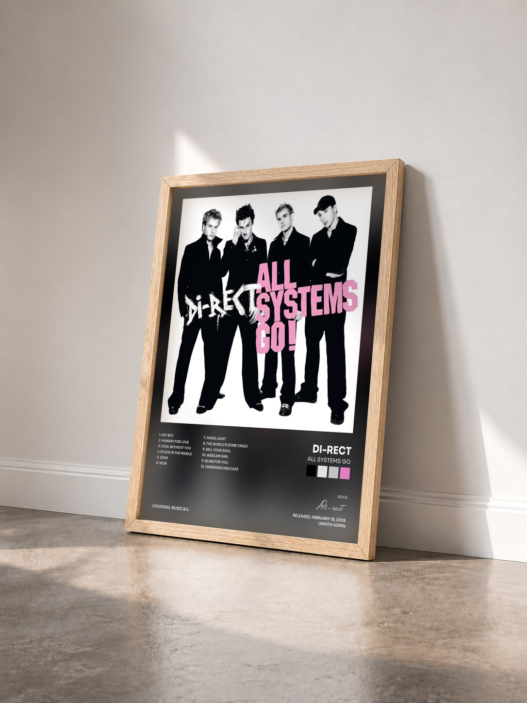 #bois Tableau de l'album All Systems Go de Di-rect vu de trois quarts, cadre en bois brut