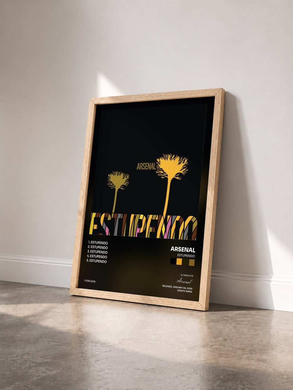 #bois Tableau de l'album Estupendo de Arsenal vu de trois quarts, cadre en bois brut