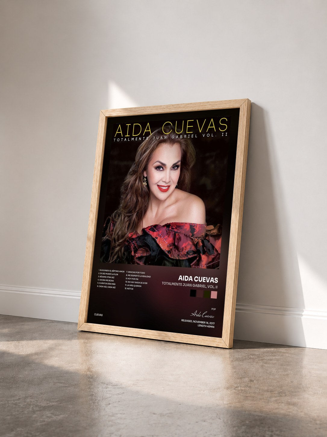 #bois Tableau de l'album Totalmente Juan Gabriel, Vol. II de Aida Cuevas vu de trois quarts, cadre en bois brut