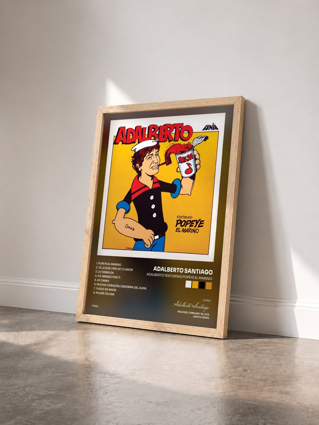 #bois Tableau de l'album Adalberto Featuring Popeye El Marino de Adalberto Santiago vu de trois quarts, cadre en bois brut