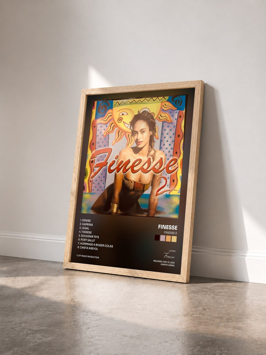 #bois Tableau de l'album finesse 2 de Finesse vu de trois quarts, cadre en bois brut
