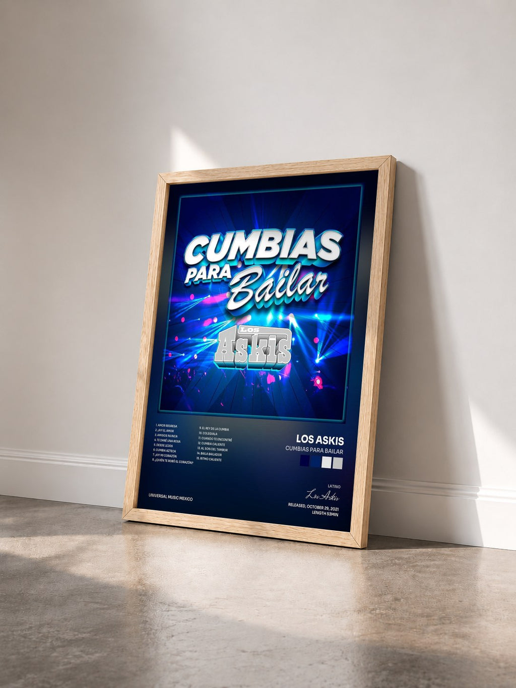 #bois Tableau de l'album Cumbias Para Bailar de Los Askis vu de trois quarts, cadre en bois brut