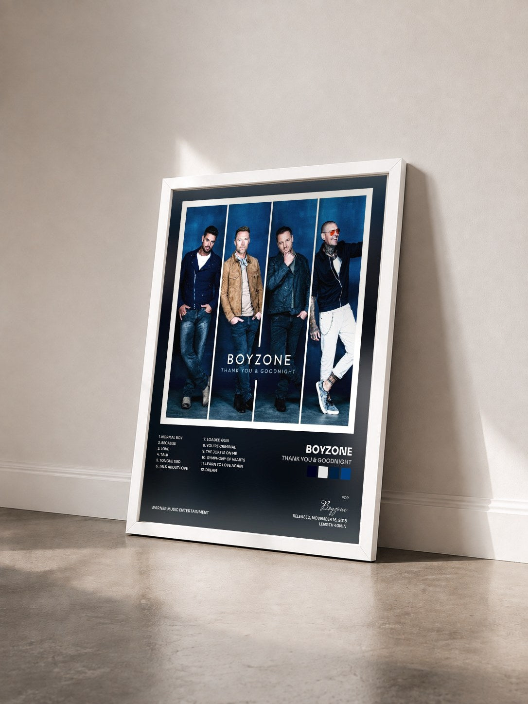 #blanc Tableau de l'album Thank You & Goodnight de Boyzone vu de trois quarts, cadre blanc