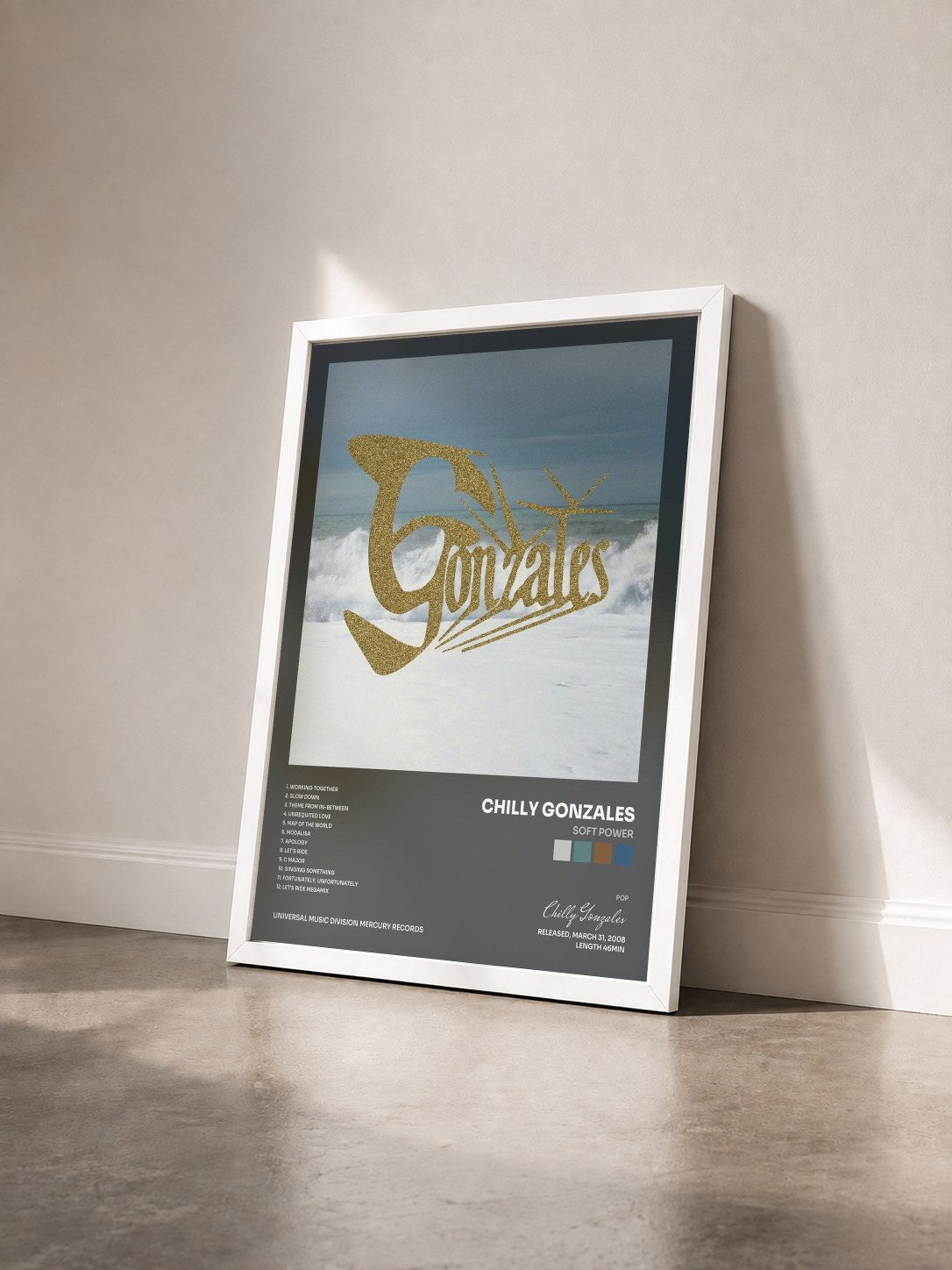 #blanc Tableau de l'album Soft Power de Chilly Gonzales vu de trois quarts, cadre blanc