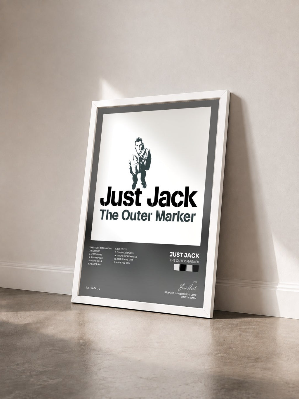 #blanc Tableau de l'album The Outer Marker de Just Jack vu de trois quarts, cadre blanc