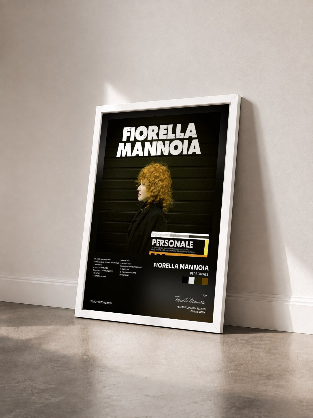 #blanc Tableau de l'album Personale de Fiorella Mannoia vu de trois quarts, cadre blanc