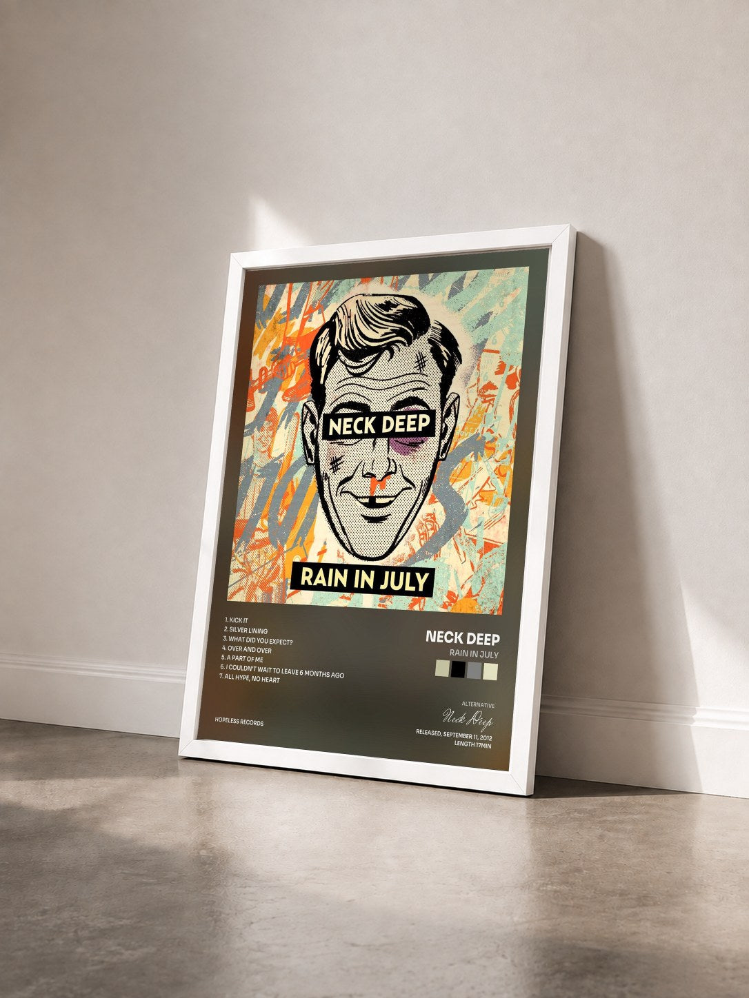 #blanc Tableau de l'album Rain In July de Neck Deep vu de trois quarts, cadre blanc