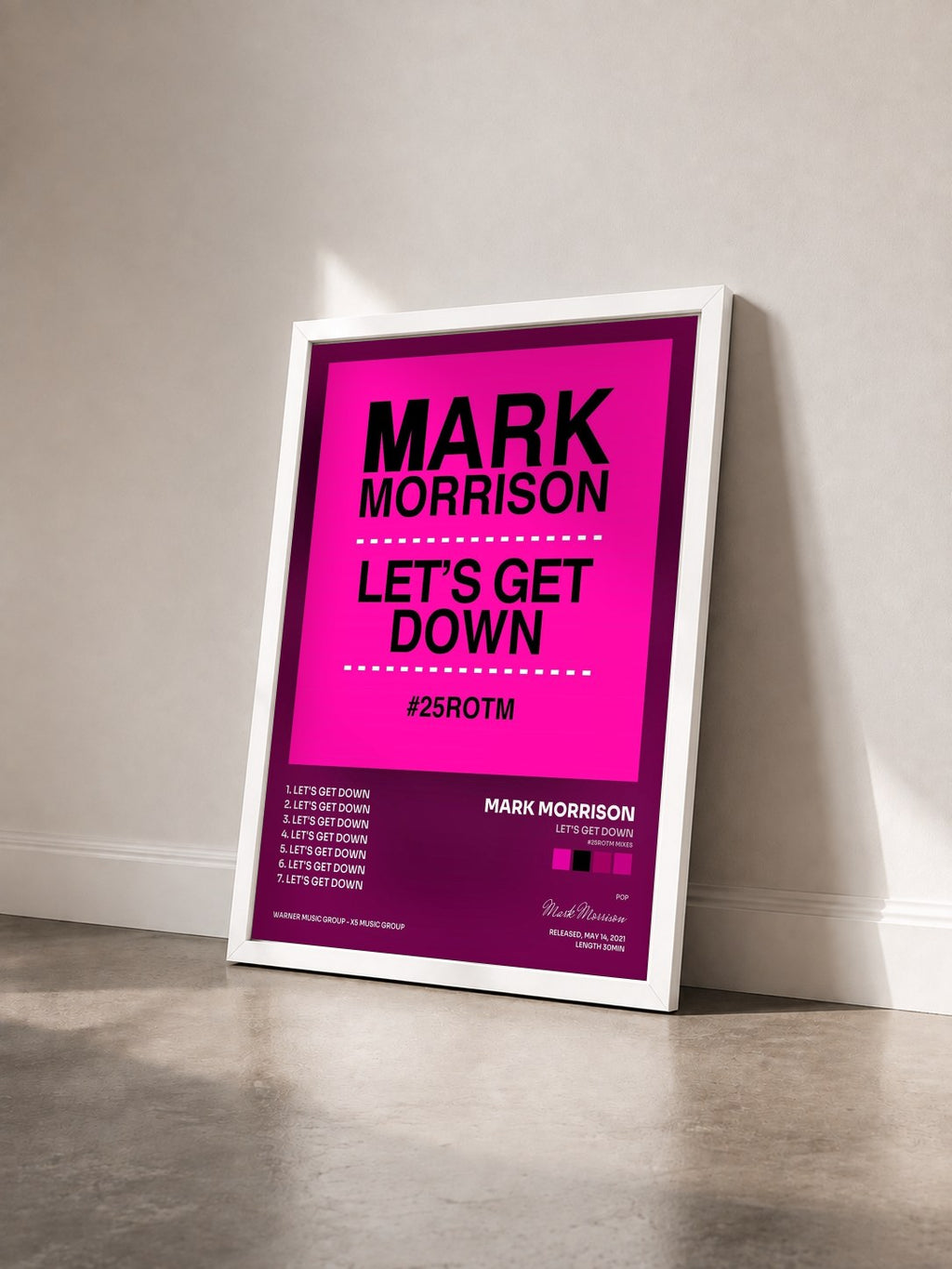 #blanc Tableau de l'album Let's Get Down (#25ROTM Mixes) de Mark Morrison vu de trois quarts, cadre blanc